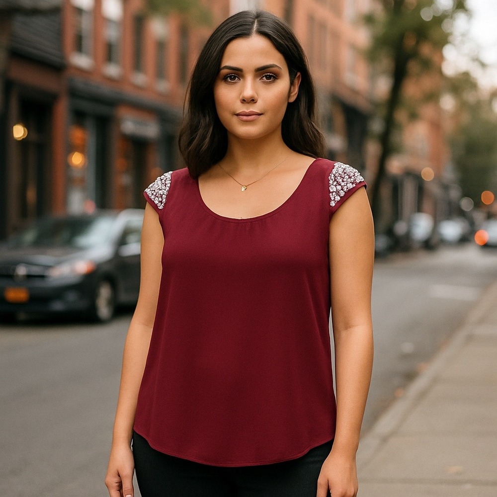 Burgundy Jewel Embellished Cap Sleeve Twisted Back Top | Romantic Holiday Glam